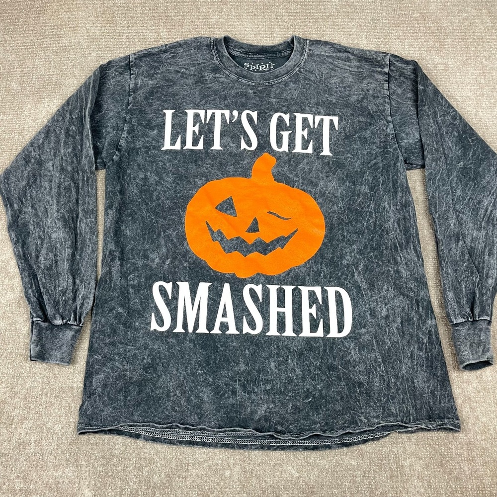 Spirit T-Shirt Men M Gray Halloween Pumpkin Lets Get Smashed Graphic Long Sleeve